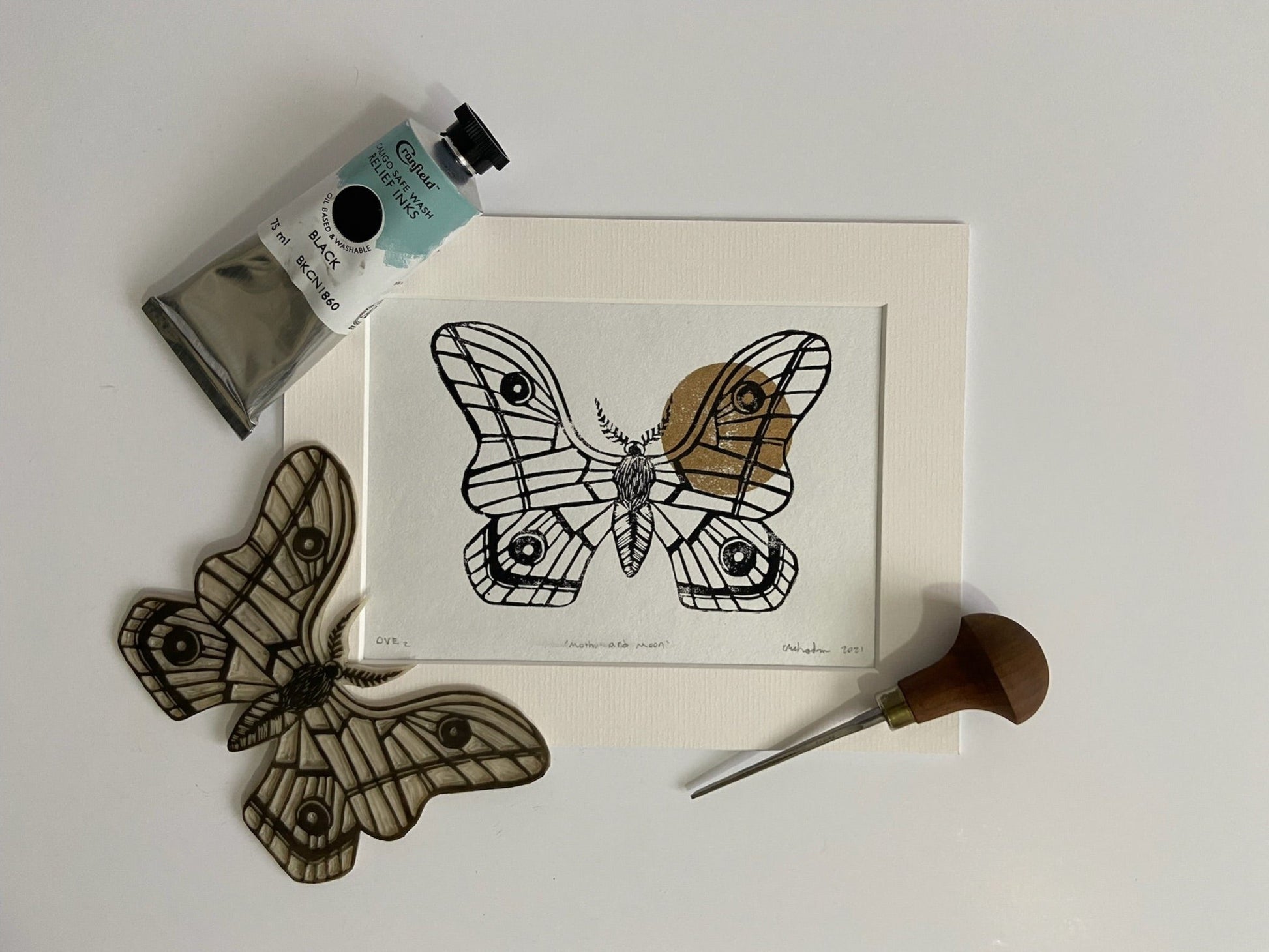 Moth and Moon - little infernoLino Prints